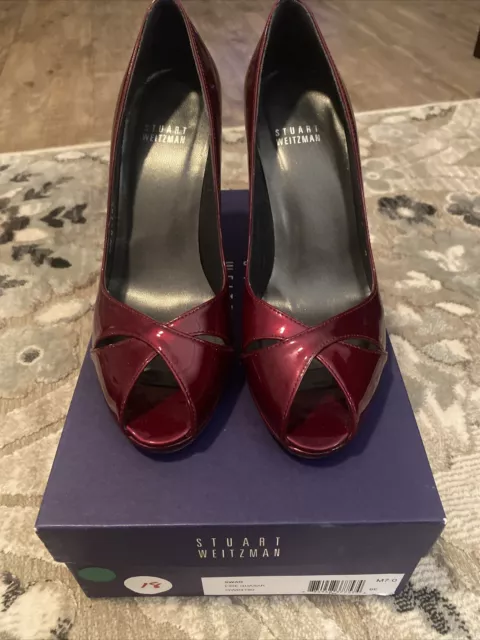 STUART WEITZMAN PEEP Toe High Heel Shoes Patent Leather Color FIRE Size ...