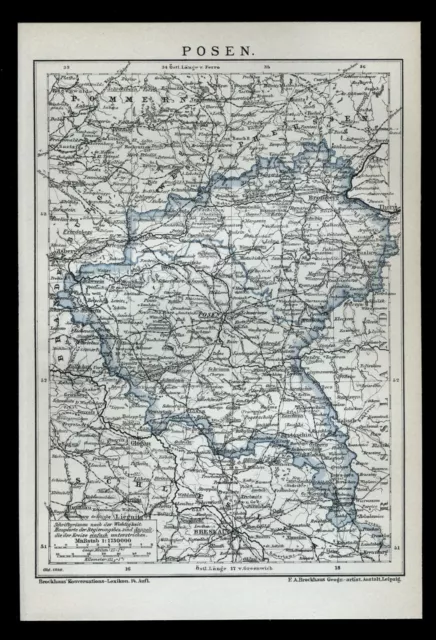 Orig. Litho Karte 1886 Posen Poznań Bromberg Gnesen Lissa Samter Schroda old map