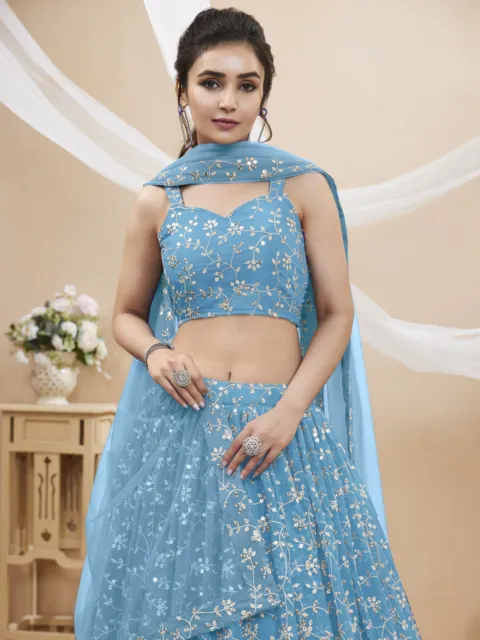 Sky Blue Lehenga Choli Wedding Partywear Lehnga Bollywood Designer Chaniya Choli