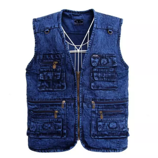 New Men's Multi Pocket Denim Vest Casual sleeveless jacket jeans coat Loose gift