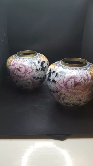 Pair Of Cloisonne Enamel Vases Floral Design 6 x 6 In.