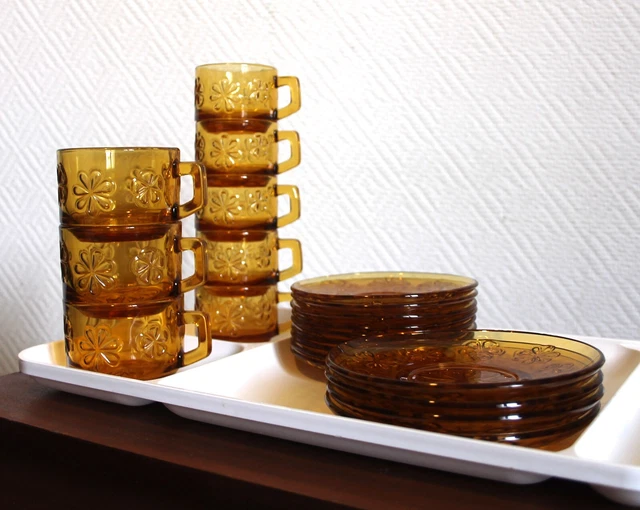 SERVICE VERRE AMBRÉ Vereco 1 plat 6 assietes plates 6 assiettes creuse vintage EUR 30,00 - FR