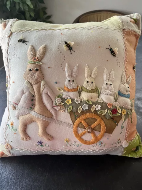 Primitive Felt Rabbit Appliqué Stitched Pillow Farmhouse Easter Spring 15x15