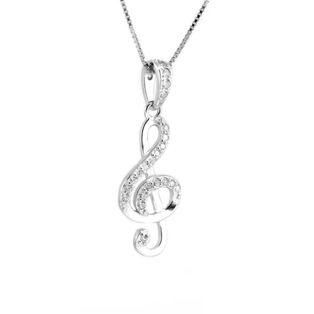 Sterling Silver CZ Music Note G Treble Clef Charm Pendant & Necklace