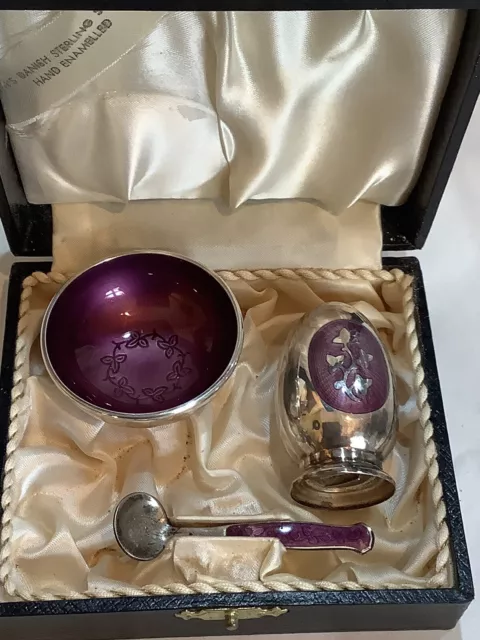 MEKA Denmark 1950’s Sterling Silver and Purple Guilloche Enamel Salt & Pepper
