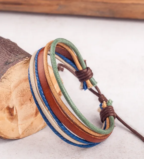 Surfer Mens Cool Hemp Cords Genuine Leather Wrap Bracelet Wristband Cuff Unisex