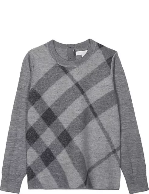 NWT BURBERRY MYLEENE 8Y WOOL Sweater Designer Signature Grey LOGO PLAID CHECK 8