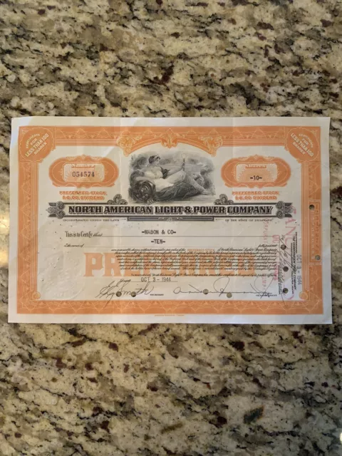 North American Light & Power Company Stock Certificate 1944