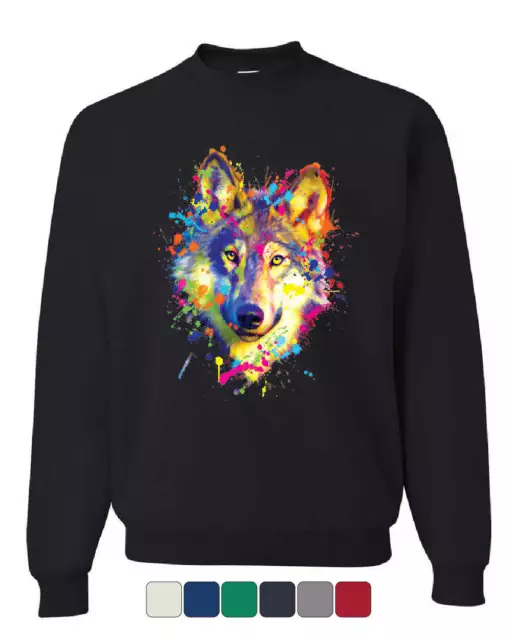 Neon Wolf Head Sweatshirt Paint Splatter Lone Wolf Spirit Animal Sweater