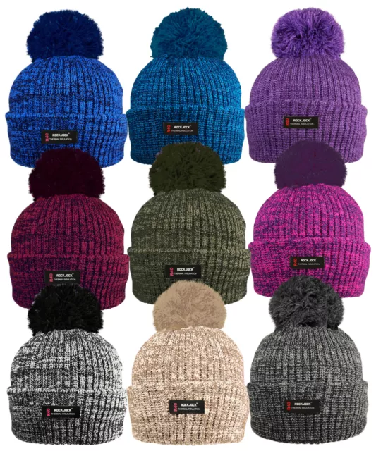 R40 Thermal Insulation Mens Ladies Marl Bobble Fleece Lined Winter Pom Pom Hat