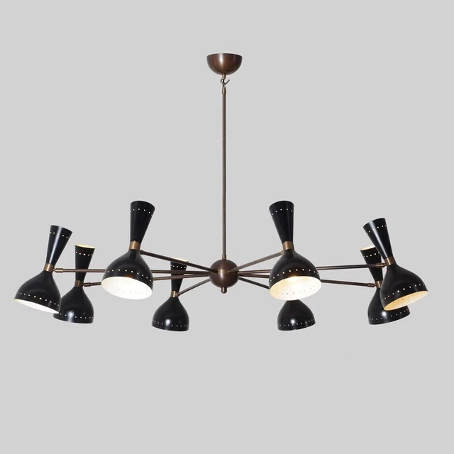 Beau lustre Spoutnik en laiton moderne style Stilnovo 6 bras