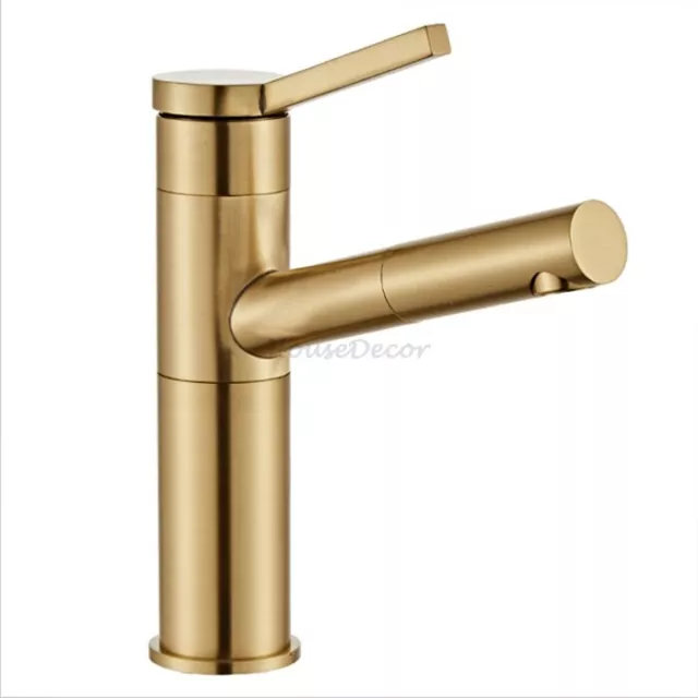 Brushed Gold Single Lever Pull Out Swivel Faucet Bathroom Sink Basin Mixer Tap