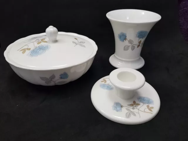 Wedgwood Ice Rose Vase, Lidded Powder Bowl, Candlestick Vanity Set Made England