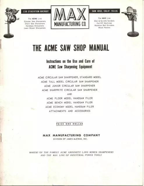 Saw Shop Instructions Manual Fits 1928 Acme