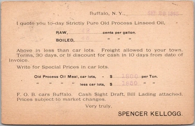 Vintage 1895 BUFFALO, New York Business Postcard Linseed Oil / Price Quote Card