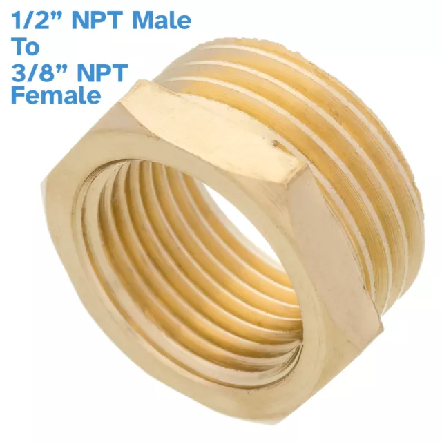 Brass 1/2" NPT Male To 3/8" NPT Female Pipe Reducer Low Profile Threaded Adapter
