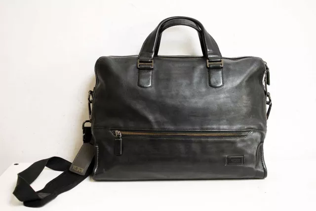 Tumi Leather Shoulder Crossbody Bag Satchel Black Briefcase Laptop