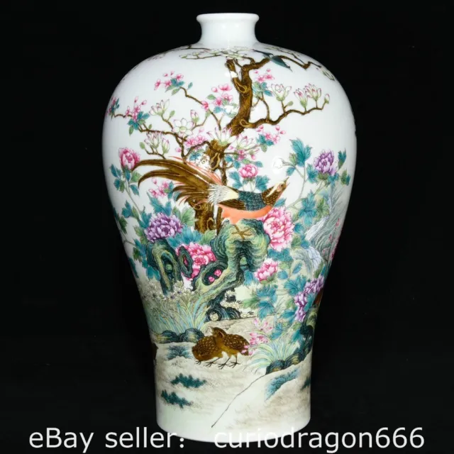 15.6"Yongzheng Markierte Farbe Emaille Porzellan Blume Vogel Prunus Vase Flasche