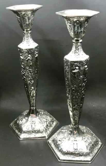 2 Vintage Candlesticks Silver Plated Detailed Dutch Repousse Inscribed 10"