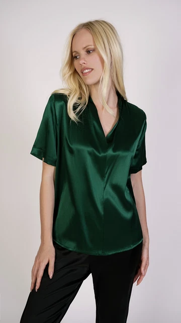 1stAmerican T-Shirt Collo V Donna 100% Seta Blusa Made in Italy 1st American