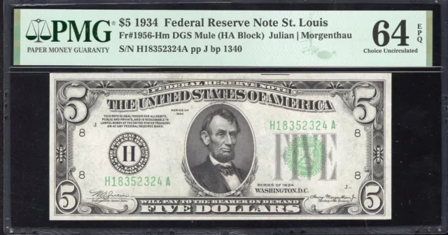1934 $5 ST LOUIS FRN FEDERAL RESERVE NOTE PMG 64 EPQ Fr 1956-H H18352324A
