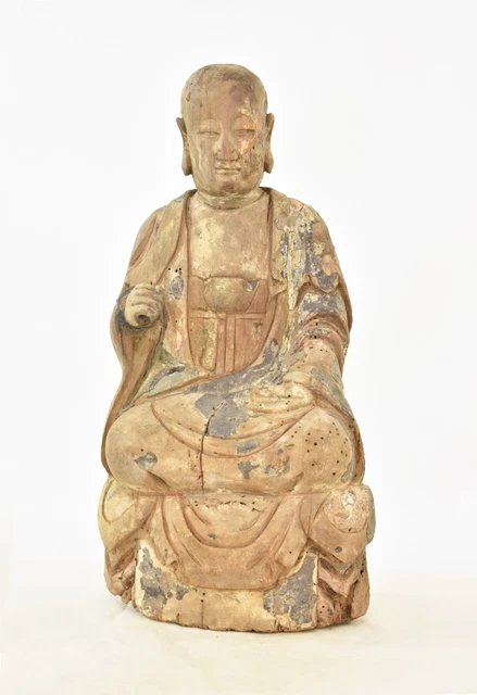 Antique Chinese Wood Carved Statue Figure Sculpture of Lo Han, 19th c