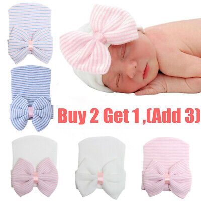 Newborn Baby Girls Boy Infant Striped Soft Hat Bow Cap Hospital Beanie Headband