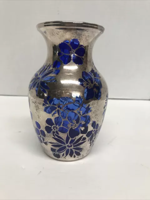 Vintage Cobalt Blue Vase with Silver Overlay Floral Design