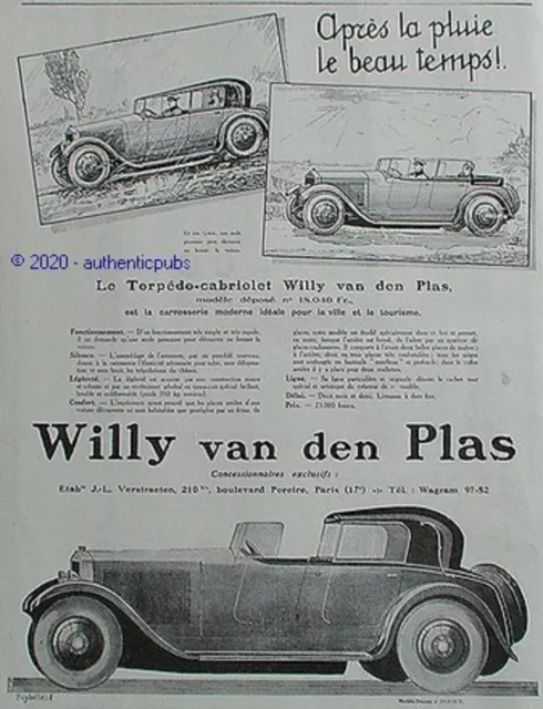 Publicite Willy Van Den Plas Automobile Le Torpedo Cabriolet De 1925 Ad Pub Car