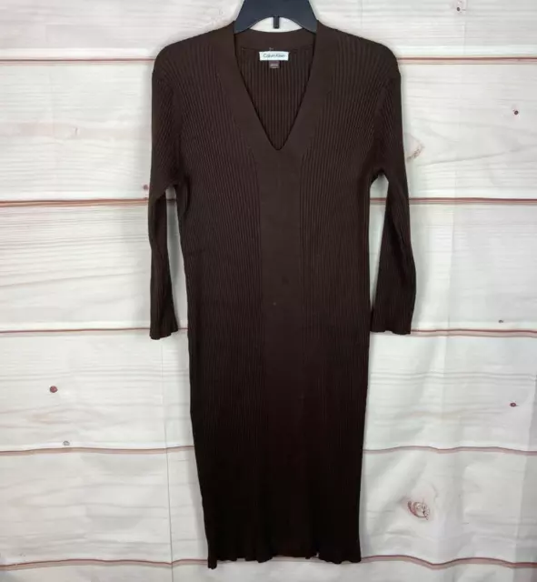 Calvin Klein Rib Knit Bodycon Sweater Dress V-Neck Brown 3/4 Sleeve Womens Large