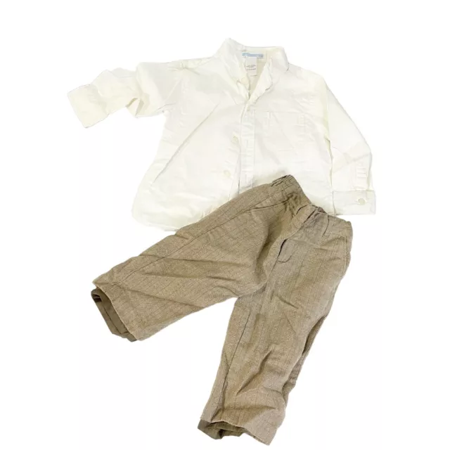 Janie and Jack Boys 12-18 Month 2 Piece Outfit Set Tweed Brown Pants White Shirt