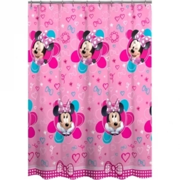 NEW! Disney Minnie Mouse Fabric Shower Curtain Pink Flowers Hearts Bow PEVA