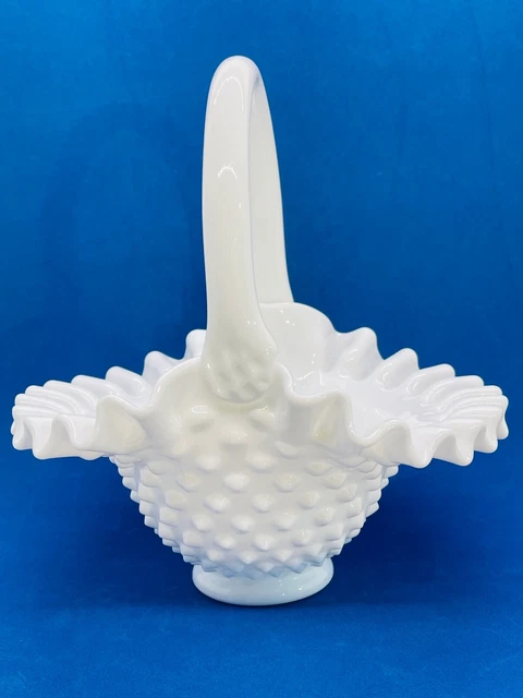Vintage Fenton Hobnail White Milk Glass Basket with Handle 8" Tall