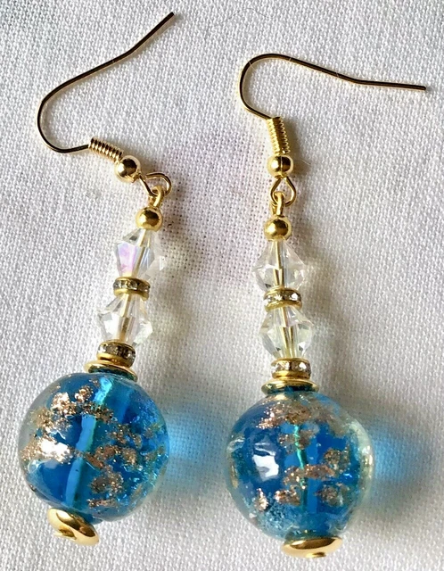 Boucles D'oreilles Perles Verre De Murano Bleues Et Or - Grosses Pendantes - Crochets Plaqué Or - Création Artisanale
