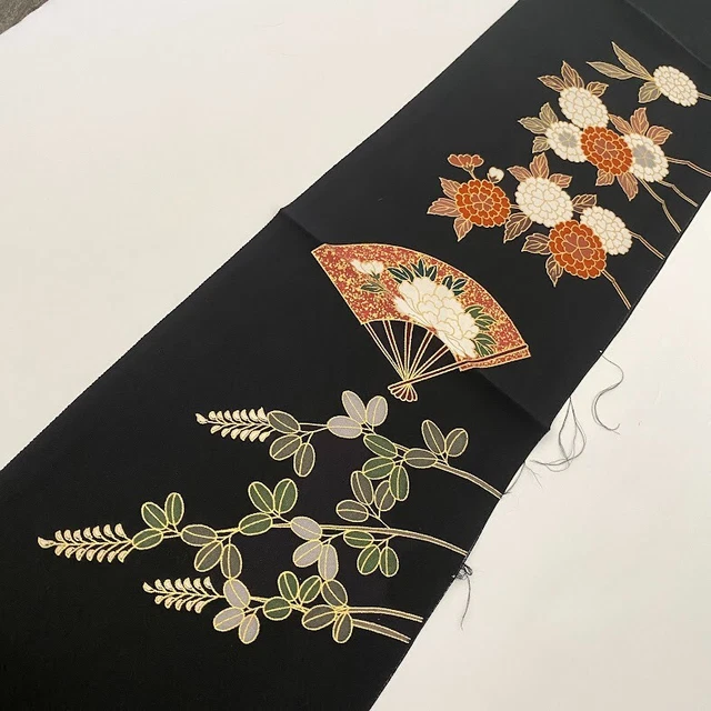Geisha Fan #F 7x37 Hand Painted Vintage Tomesode Black Kimono Silk ToD82