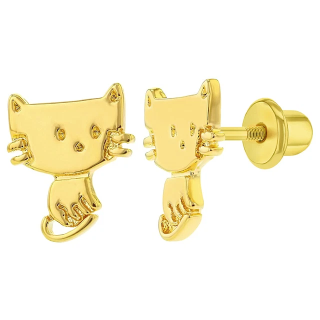 Gold Plated Cat Kitten Safety Screw Back Earrings for Kids and Little Girls