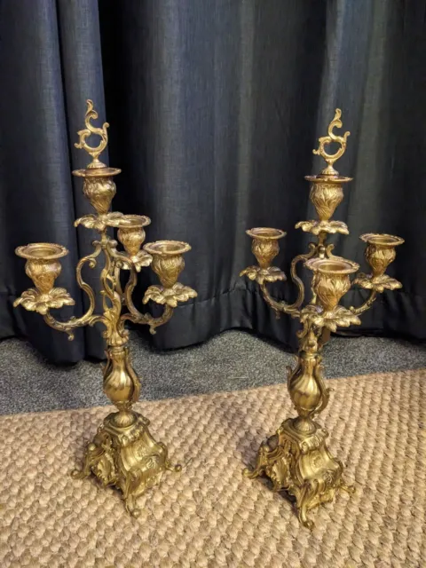 Antique French Gilded Pair Of Rococo Style Solid Brass 4-Candle Candelabra