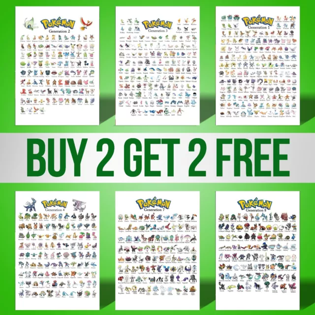 Pokemon Chart Posters Generation 1 to 8 Wall Art Poster Prints