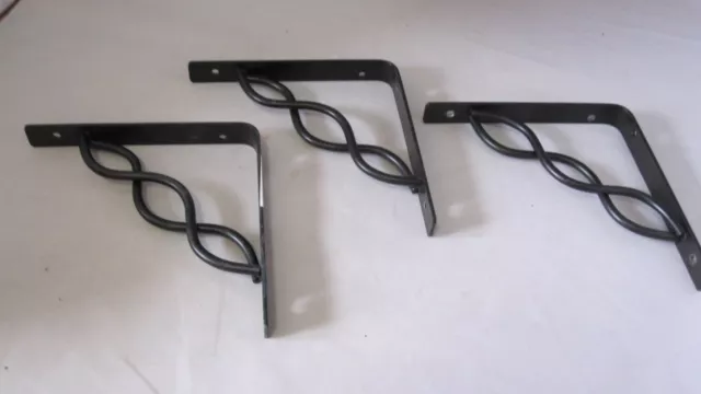 3 Shelf Brackets Cast Black Painted Metal Iron Unusual Design  5 3/4 x 5 3/4