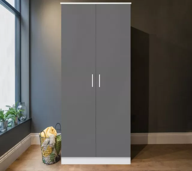 New REFLECT High Gloss 2 Door Soft Close Wardrobe Bedroom Grey / Matt White