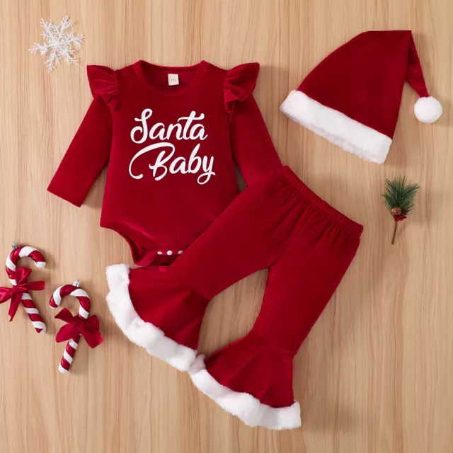 Ma&Baby 0-18M Flare Romper Pants Hat Velvet Girl Xmas Outfits Clothing D01