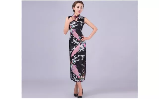New Luxurious Black Satin Phoenix Chinese Long Dress Cheongsam Qipao  lcdress49