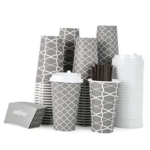 [100 Sets] 16 oz Paper Coffee Cups, Disposable Coffee Cups with Lids, 16oz Cups