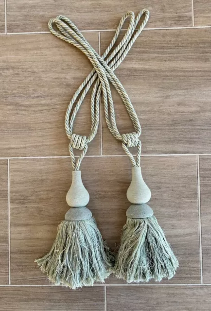 Designer Curtain Tie Backs Pair Rope Silver & Sage Green Large Luxury Tassels