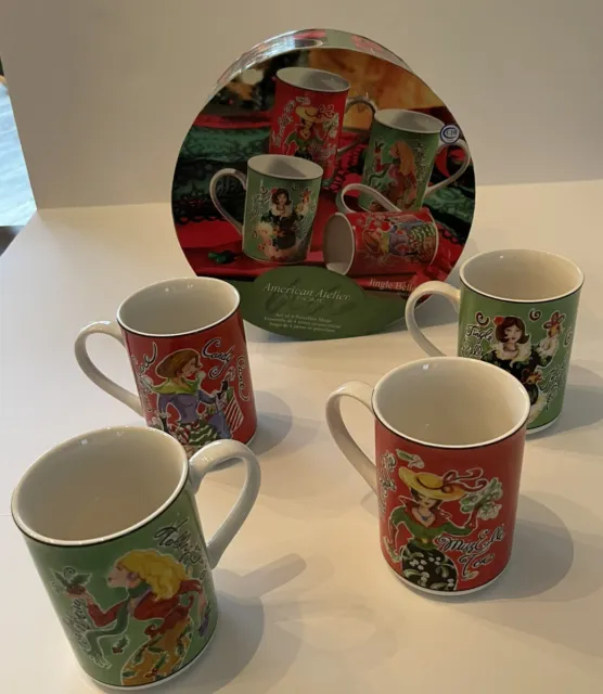 American Atelier Jingle Belles Mugs Ceramic Christmas Coffee  Mugs New In Box