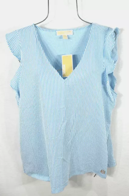 Michael Kors Womens Shirt XL White Blue Stripe Ruffle sleeveless Top Blouse NWT 2