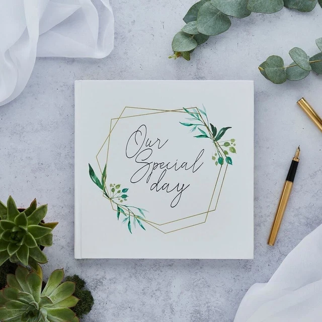Hojas de oro Libro de visitas Libro de visitas Blanco Verde Oro Baby Shower Libro de visitas Fiesta