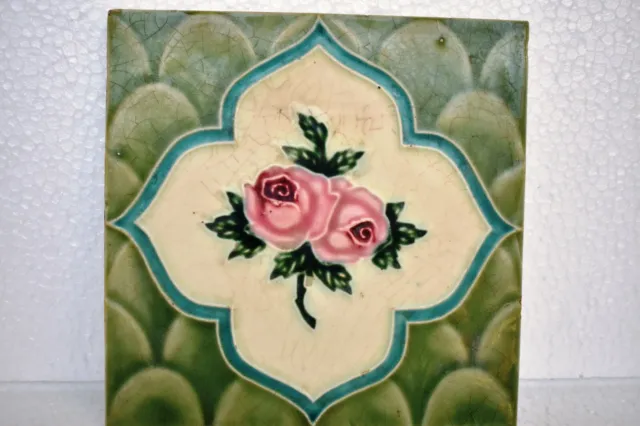 Antique Japan Tile Art Nouveau Majolica Ceramic Porcelain Floral Design Saji"I35 2