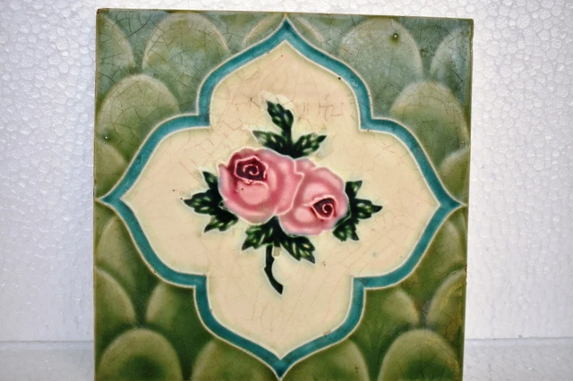 Antique Japan Tile Art Nouveau Majolica Ceramic Porcelain Floral Design Saji"I35 2