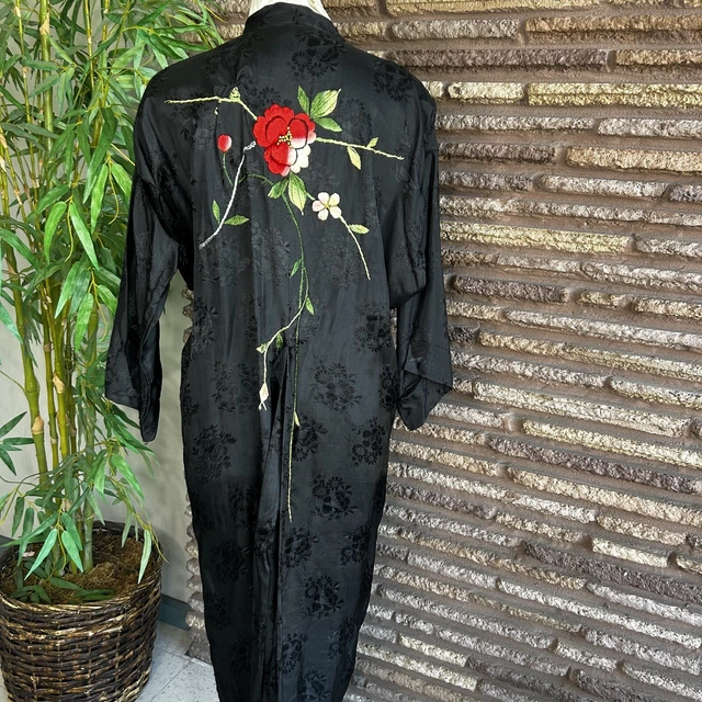 Chinese Black Embroidered Rose Kimono Robe As Found